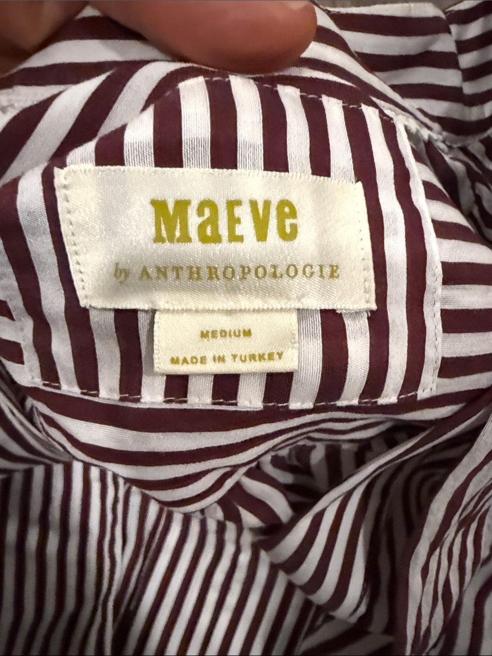 Anthropologie Maeve Maroon and White Striped V-Neck Blouse - Picture 4 of 7